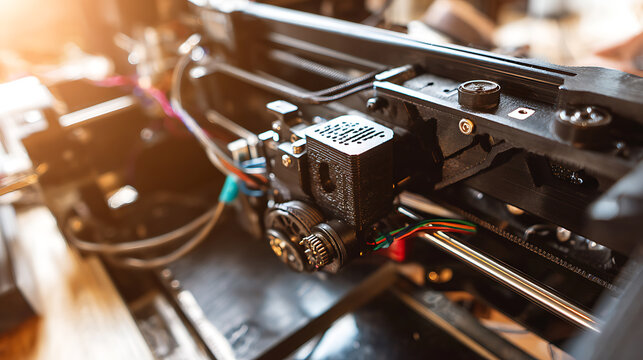 Close-up view of a 3D printer's extruder mechanism with visible gears, wiring, and metal components in operation.