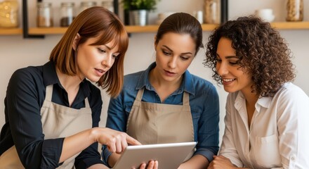 Three women collaborate on a tablet in a cafe setting
