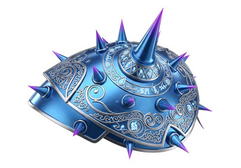 A detailed close-up view of a stylized, light-blue, ornate armor piece, featuring intricate silver patterns and numerous, pointed, violet-tipped protrusions.