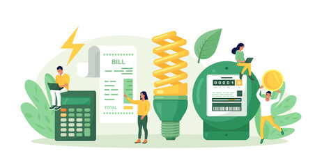 Utility bills payment. Electricity consumption expenses. People reduce energy consumption at home, use energy saving light bulb. Power save concept. Household energy and resources, meter installation © rafi