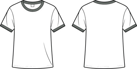 Blank ringer t-shirt template, white short sleeve apparel mockup, fashion design outline, front and back view, unisex clothing vector