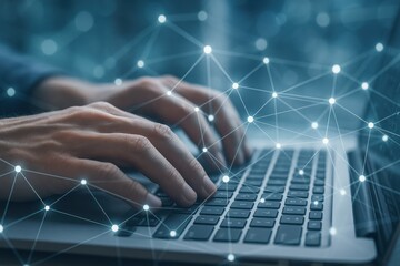 Hands Typing on Laptop Keyboard with Digital Network Connection Concept Background