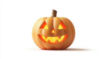 A carved pumpkin face clipart, halloween symbol, 3D render illustration, orange glow, isolated on white background. 