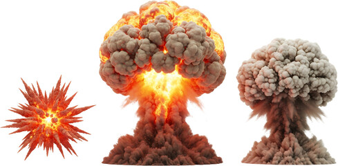 Three mushroom clouds and an explosion radiating outwards dynamic fiery particles fire smoke blast detonation transparent background