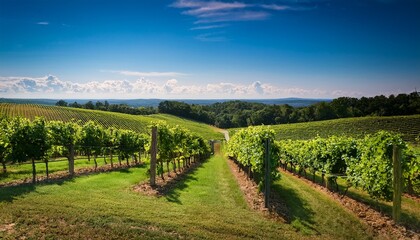 Fototapeta premium Scenic Vineyard Landscape In Virginia With Lush Green Rows Of Grapevines On A Sunny Summer Day