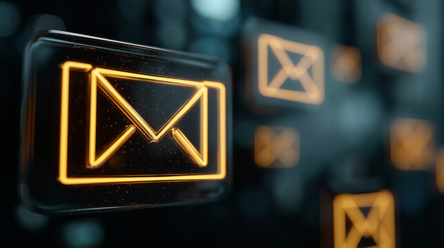 Closeup futuristic email notification symbol glowing on a dark digital background, representing communication, alerts, connectivity, data flow, and modern technology.