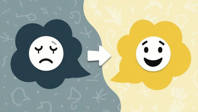 Transici&oacute;n de iconos de caras tristes a felices, concepto de salud mental, apoyo emocional, pensamiento positivo, ilustraci&oacute;n para superar la depresi&oacute;n