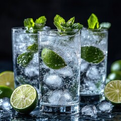 Fototapeta premium Three sparkling drinks filled with mint, lime, and ice sit on a dark surface, cooling off