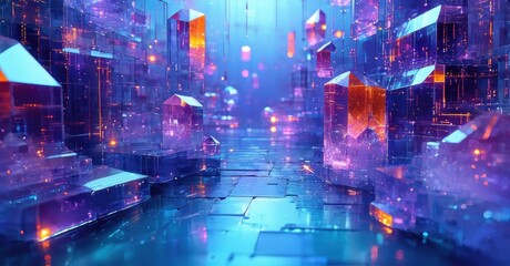 Fototapeta premium Futuristic city scene. Glowing structures dominate landscape. Blue, purple hues create vibrant atmosphere. Digital art style.