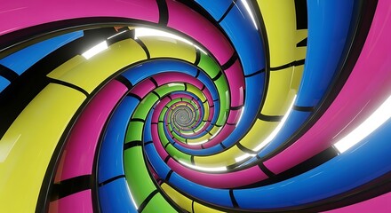 Vibrant multi-color abstract spiral tunnel with glossy segments creating a dynamic visual effect and futuristic background.