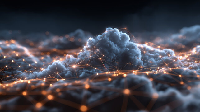 Digital lighted cloud computing concept showing dynamic data transfer and technology flow on a dark background, symbolizing connectivity, storage, networking, and innovation.