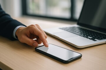 Fototapeta premium Professional Hand Using Smartphone While Working on Laptop in Modern Office Environment