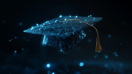 Digital graduation concept featuring a futuristic glowing mortarboard symbol on a dark background, representing achievement, learning, innovation, technology, and modern education.