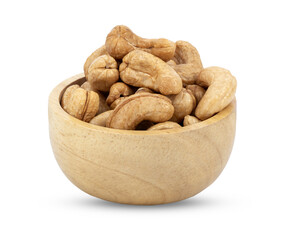 Roasted cashews in wooden bowl isolated on transparent png
