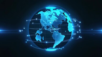 Animated 3D globe with glowing city connections and radiant trade routes, highlighting global logistics, international commerce, and dynamic worldwide network visualization - Powered by Adobe