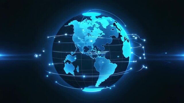 Animated 3D globe with glowing city connections and radiant trade routes, highlighting global logistics, international commerce, and dynamic worldwide network visualization