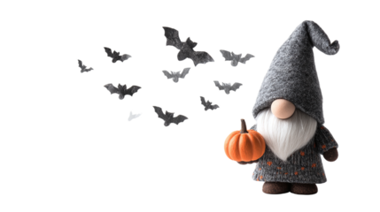 Cute Halloween gnome holding a pumpkin with bats flying around isolated on transparent background
