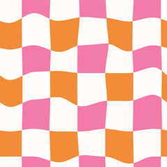 Psychedelic Warped Retro Pink, Orange and white Checkerboards seamless pattern. For wrapping paper, textile, fabric, and social media