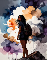 Artistic illustration of a young woman with a backpack walking towards a glowing sunset, vibrant sky with dramatic colors, symbolizing travel, adventure, freedom, and inspiration