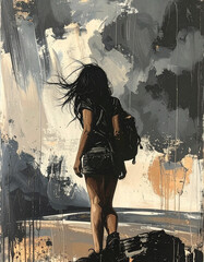 Artistic illustration of a young woman with a backpack walking towards a glowing sunset, vibrant sky with dramatic colors, symbolizing travel, adventure, freedom, and inspiration