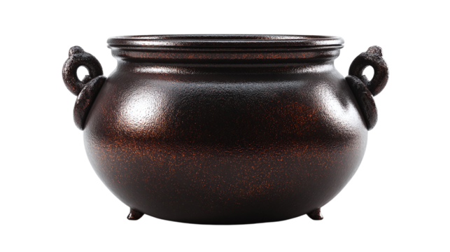 Dark iron cauldron with side handles, glossy 3D render, perfect for witchcraft theme, isolated on transparent background 
