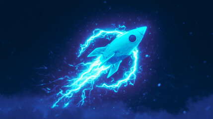 Fototapeta premium glowing neon rocket with electric energy trail on dark background, futuristic space illustration for sci-fi design, technology, and startup concepts