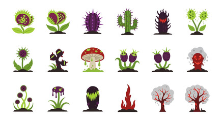 Set of Fantasy Alien and Predator Plant Illustrations.