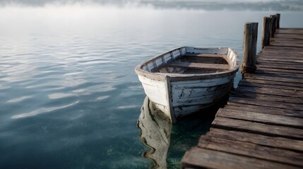 Obraz premium A weathered white rowboat rests by a rustic wooden pier on calm rippling water at dawn