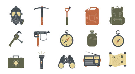 Survival Camping and Hiking Equipment Icon Set.