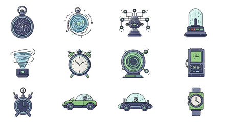 Time Travel and Futuristic Technology Vector Icon Set.