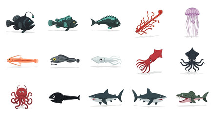 Variety of Deep Sea Creatures and Marine Life Illustrations.