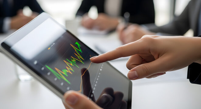 Close-up of a person's hand touching a tablet screen displaying a financial graph during a meeting.