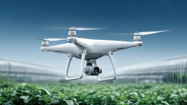 Agricultural Drone Hovering Over Green Fields