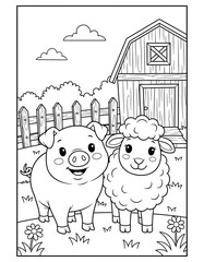 Vector art of cute pig and sheep on farm farm animals coloring page for kids activity coloring page design