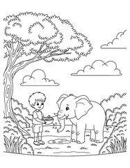 Vector art of boy feeding an elephant in the jungle coloring page coloring page design