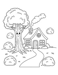 Vector art of whimsical coloring page featuring a cozy house with a smoking chimney and a friendly tree, coloring page design