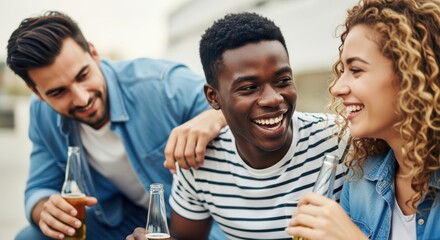 Fototapeta premium Three friends enjoy a casual outdoor gathering with drinks