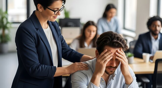 Empathetic leader offers support to an overwhelmed employee at work.
