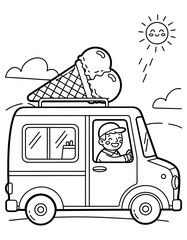 Vector art of ice cream truck coloring page with a happy driver and a smiling sun coloring page design