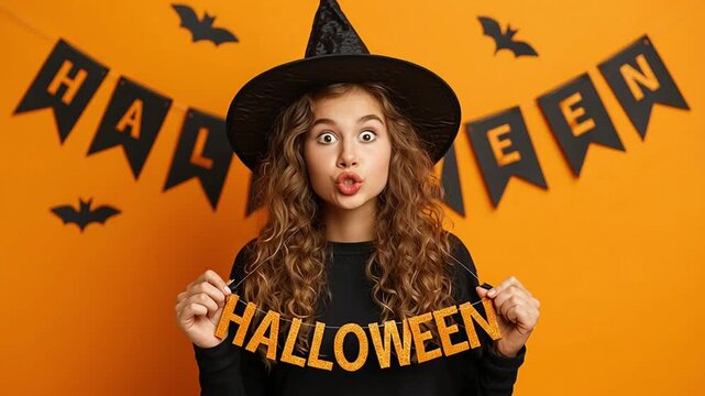 Curly-Haired Teen in Witch Hat Holding Glitter Halloween Banner &ndash; Orange Studio Background