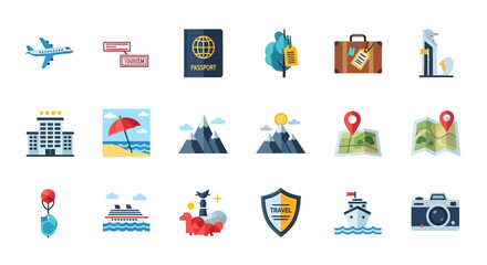 A collection of colorful flat design icons representing various aspects of travel, tourism, and vacation planning.