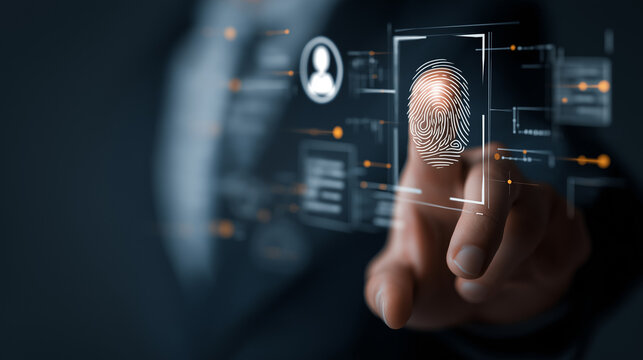 Secure digital access concept showing a businessman&rsquo;s hand interacting with a futuristic touchscreen, emphasizing cybersecurity, authentication, and data protection.