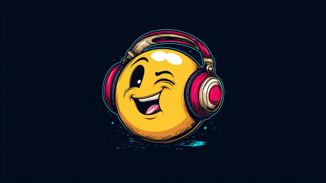 A smiley emoji wearing headphones and enjoying music on a blue  background, symbolizing happiness, fun, rhythm, and digital entertainment.