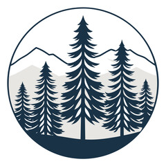 Obraz premium Monochrome Mountainscape Forest Emblem Serene Outdoor Adventure and Wilderness Graphic Design with Moody Evergreen Trees