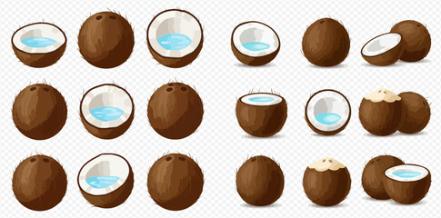 A collection of whole, halved, and peeled coconuts with water inside, arranged on a transparent background.
