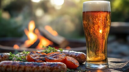 A refreshing beer sits beside grilled sausages and roasted tomatoes, with a warm fire glowing in the background, creating a cozy outdoor dining atmosphere.