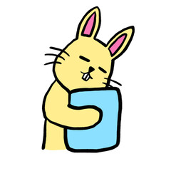 Cute yellow rabbit hugging a pillow tightly, sweet and cozy bunny cartoon illustration, adorable character design.