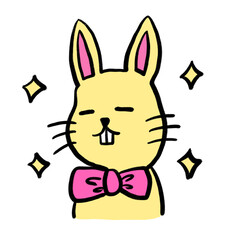 Adorable yellow rabbit wearing a bow tie, sparkling with shiny stars, cartoon bunny dressed up cute and stylish, funny character illustration.