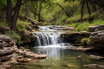 Obraz premium Serene Waterfall Cascading Through Twin Lakes Trail in Cedar Park, Texas - A Nature Lover's Paradise