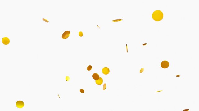 Gold coins exploding isolated on white screen 3d, coin rain with alpha channel. Falling Treasure looping coin pattern. Business and currency Concept gold coin spinning in the air overlay animation.
